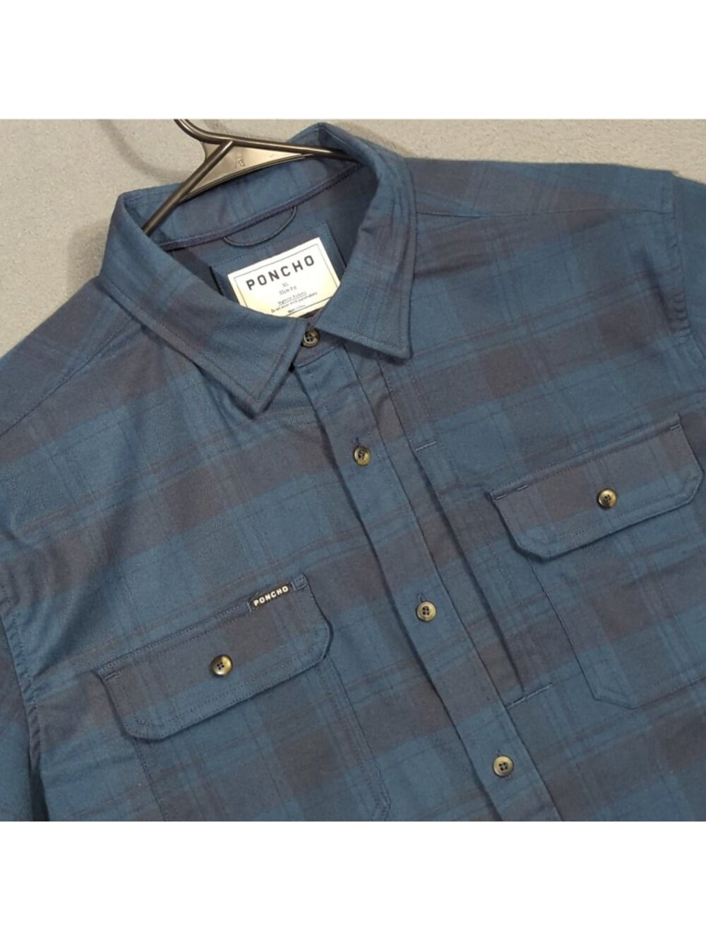 Poncho Flannel Shirt Men's XL Blue Plaid Slim Fit Long Sleeve Button Up